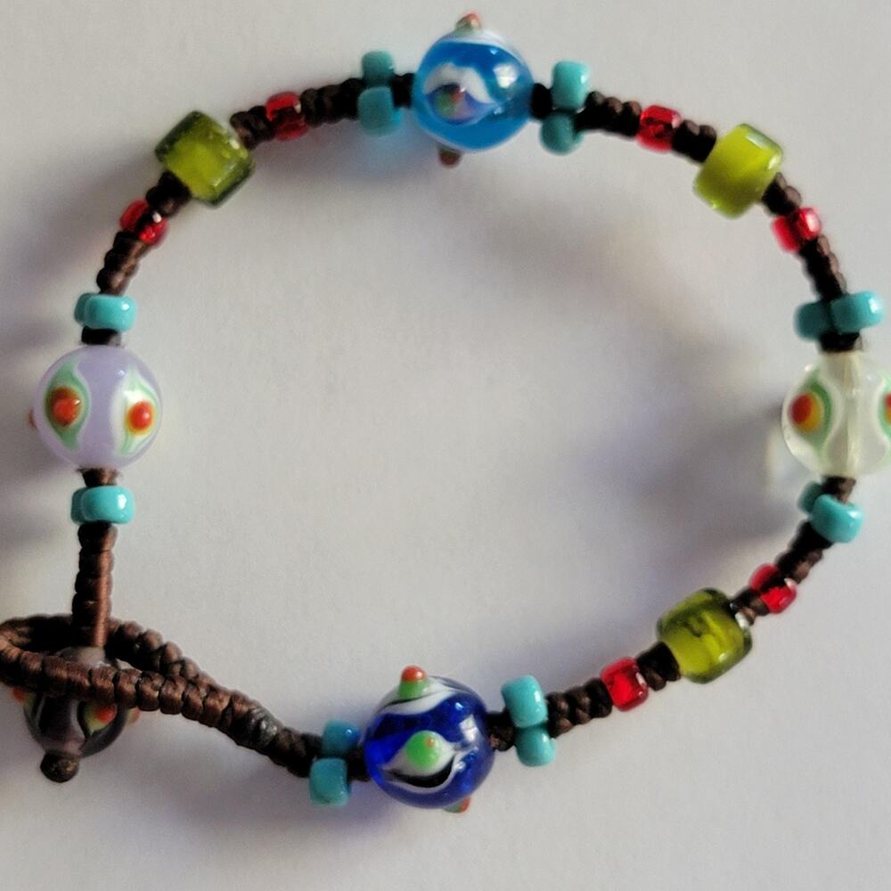Vintage Multicolor Beaded Bracelet Glass Hemp 7in Toggle Bohemian Jewelry